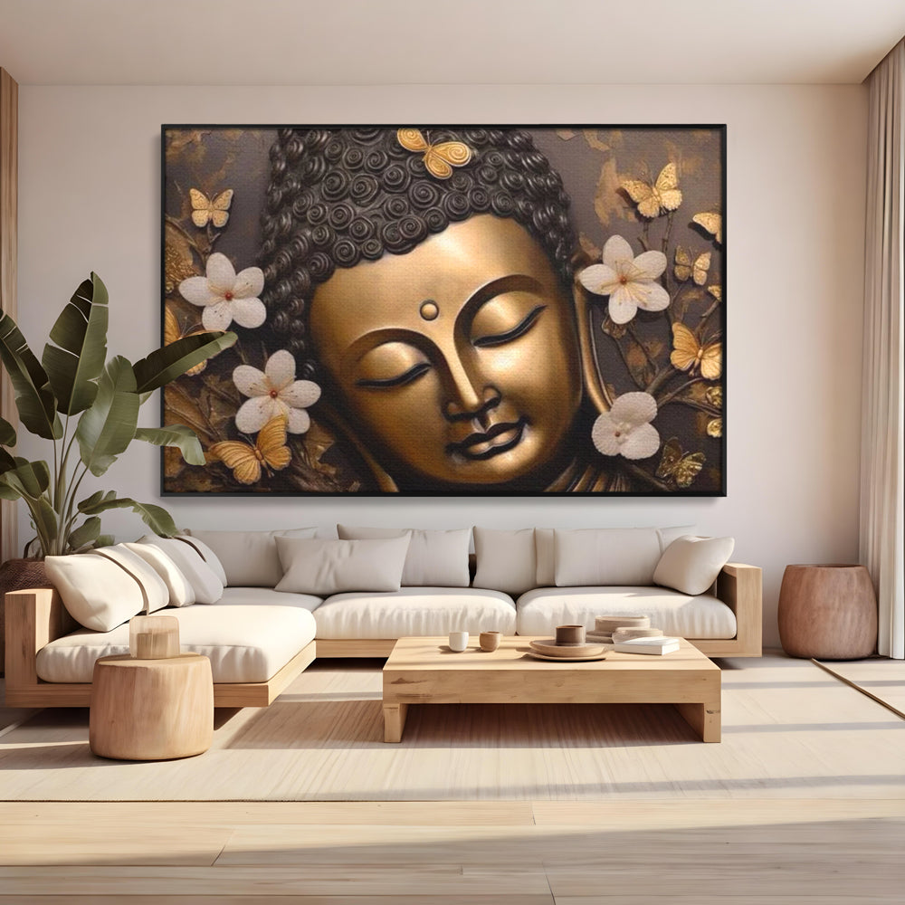Tablou canvas cu tablou canvas cu capul lui buddha, in rama de aluminiu negru, pe perete intr-un living